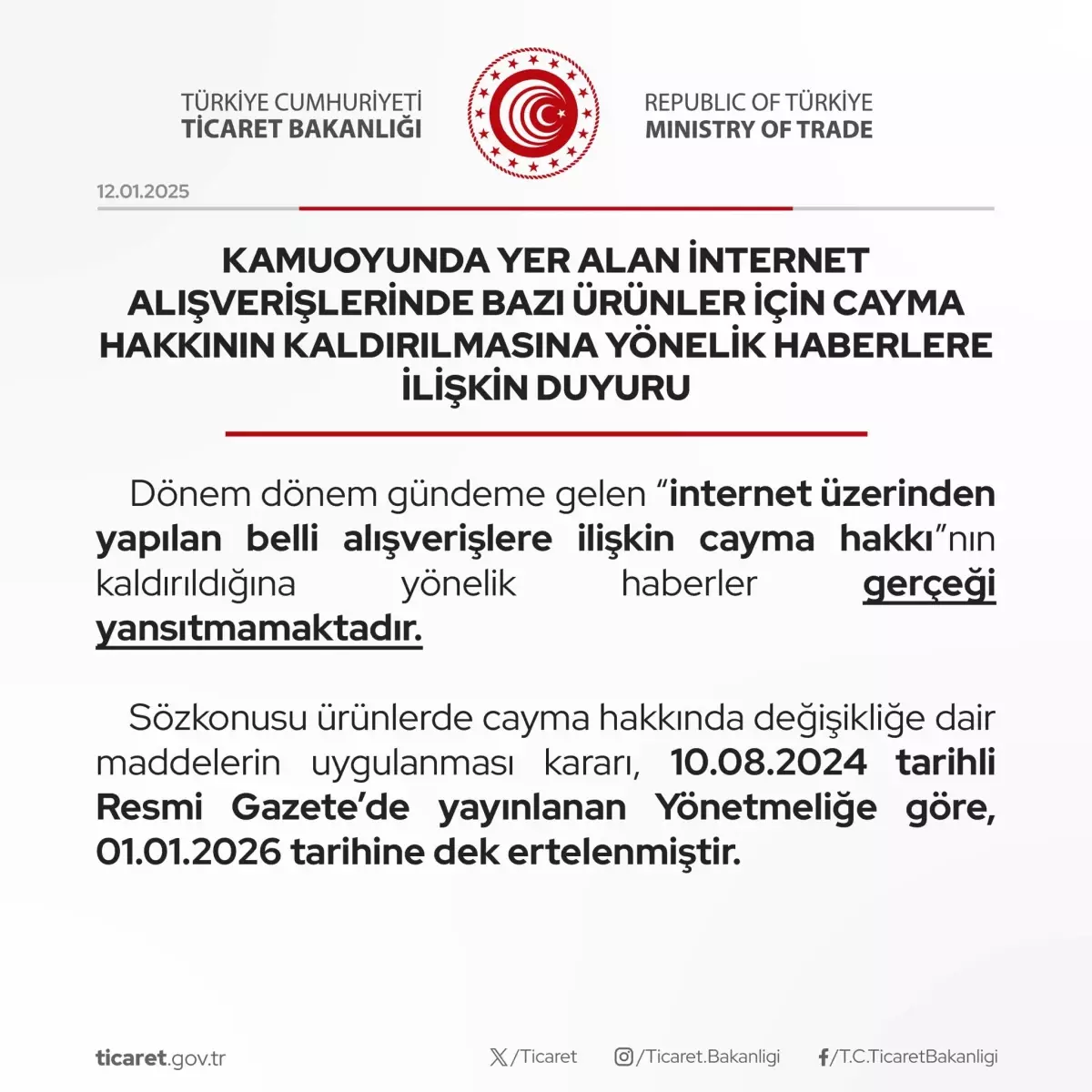 Ticaret Bakanlığı’ndan Cayma Hakkı Açıklaması
